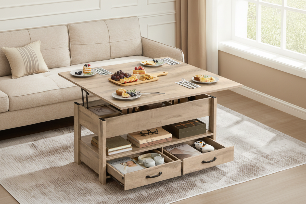 Table basse relevable - Plateau avec rangement