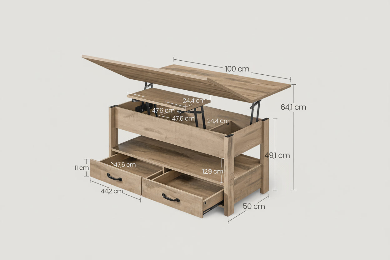 Table basse relevable - Plateau avec rangement