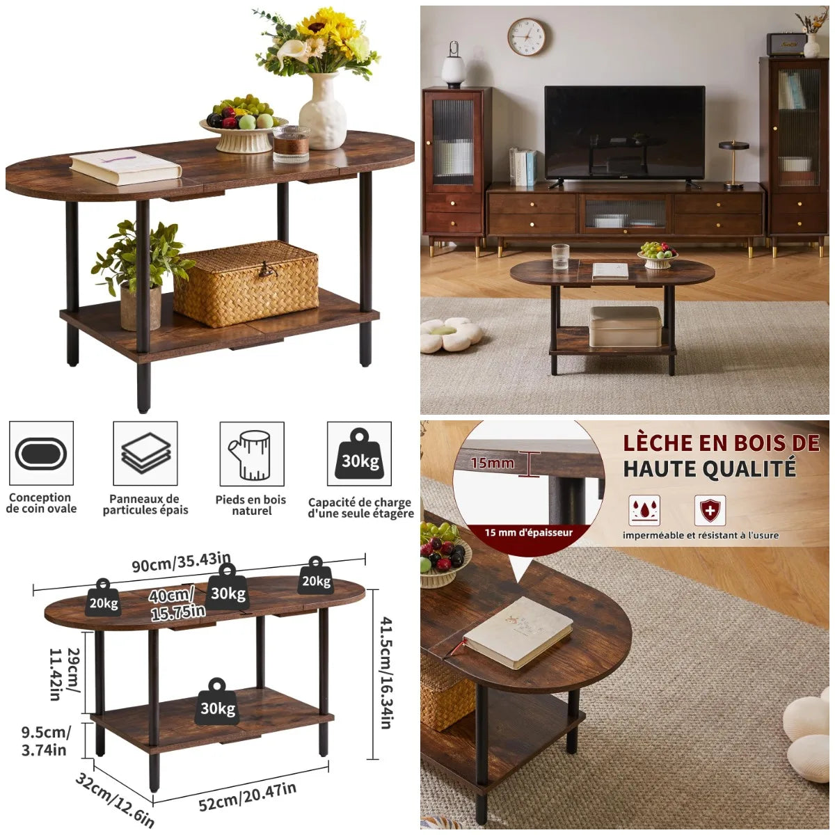 Petite table basse en bois – 2 étagères