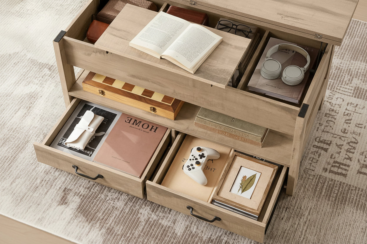 Table basse relevable - Plateau avec rangement