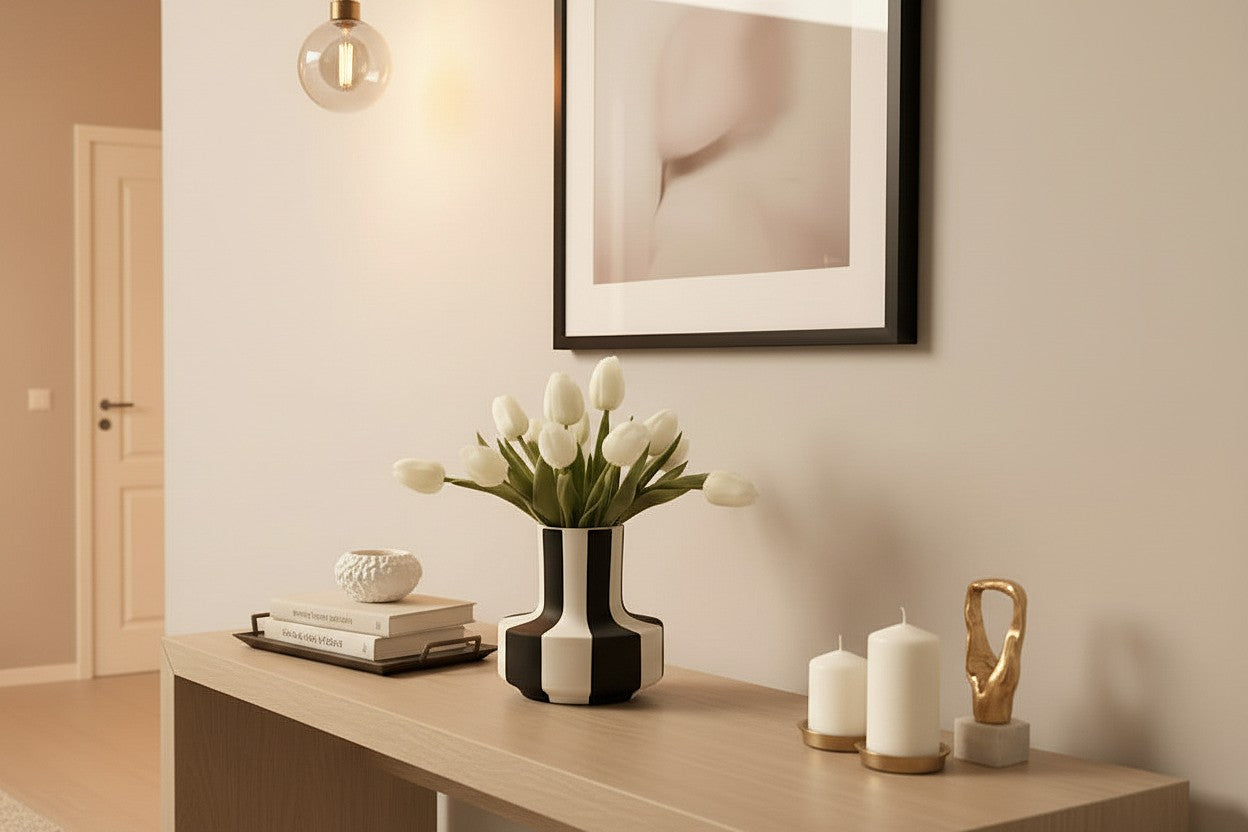 Vase rayé noir et blanc design géométrique